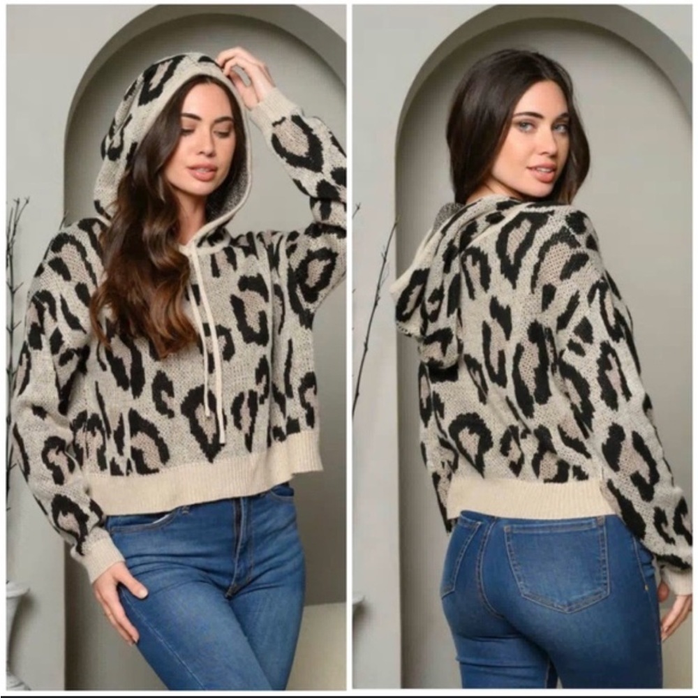 Vici Fuzzy Brown and Black Cheetah Print Pullover Hoodie Sweater Large